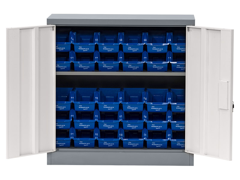 Storage Cabinet with Plastic Bins (Blue Bins)