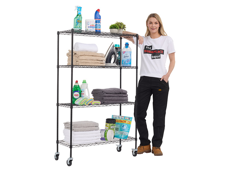 Wire Storage Racks (1365H x 900W x 350D, Black, With Wheels)